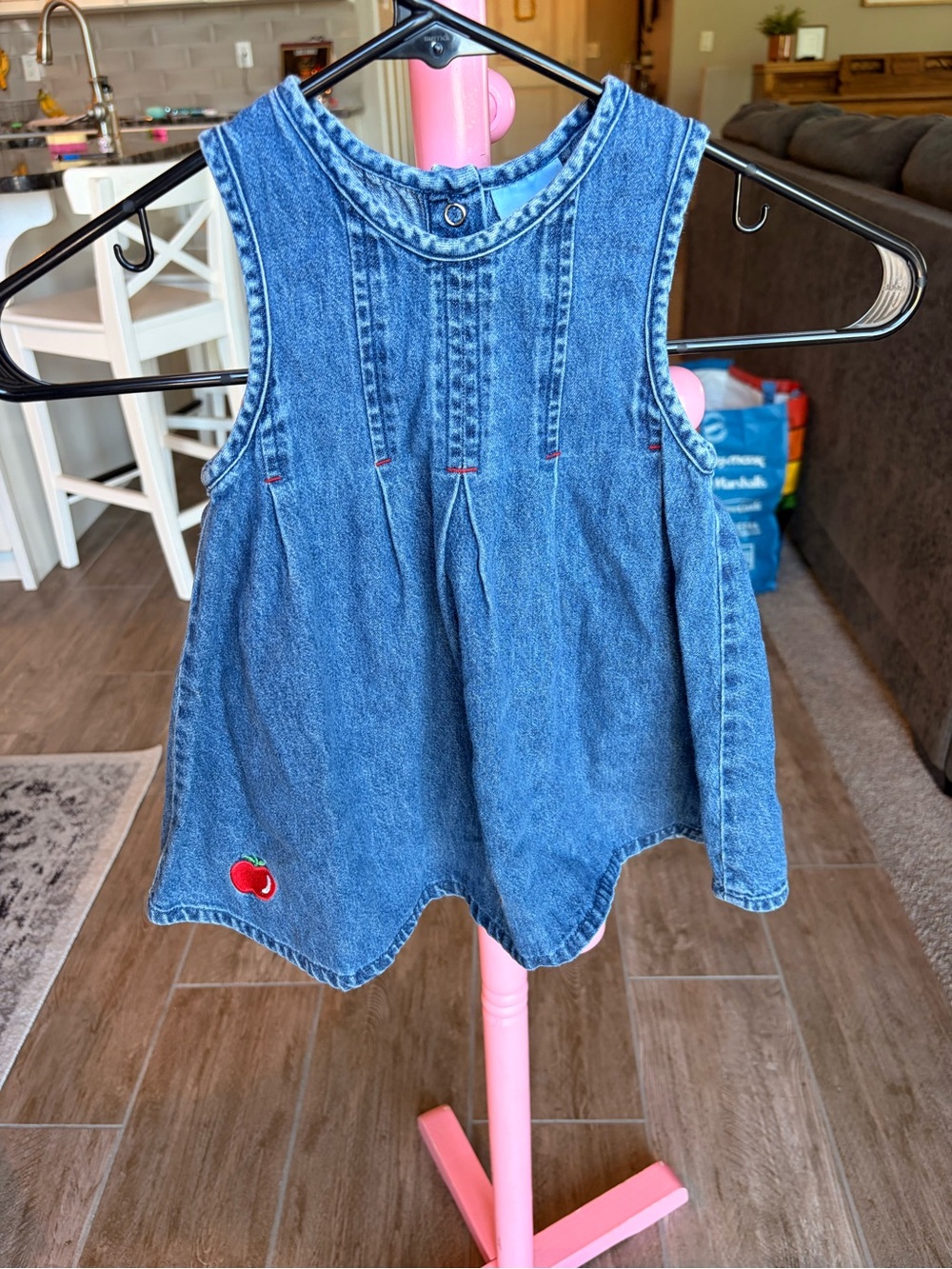Girls Denim Sleeveless Dress Top with Apple Patch - Blue 24 Months